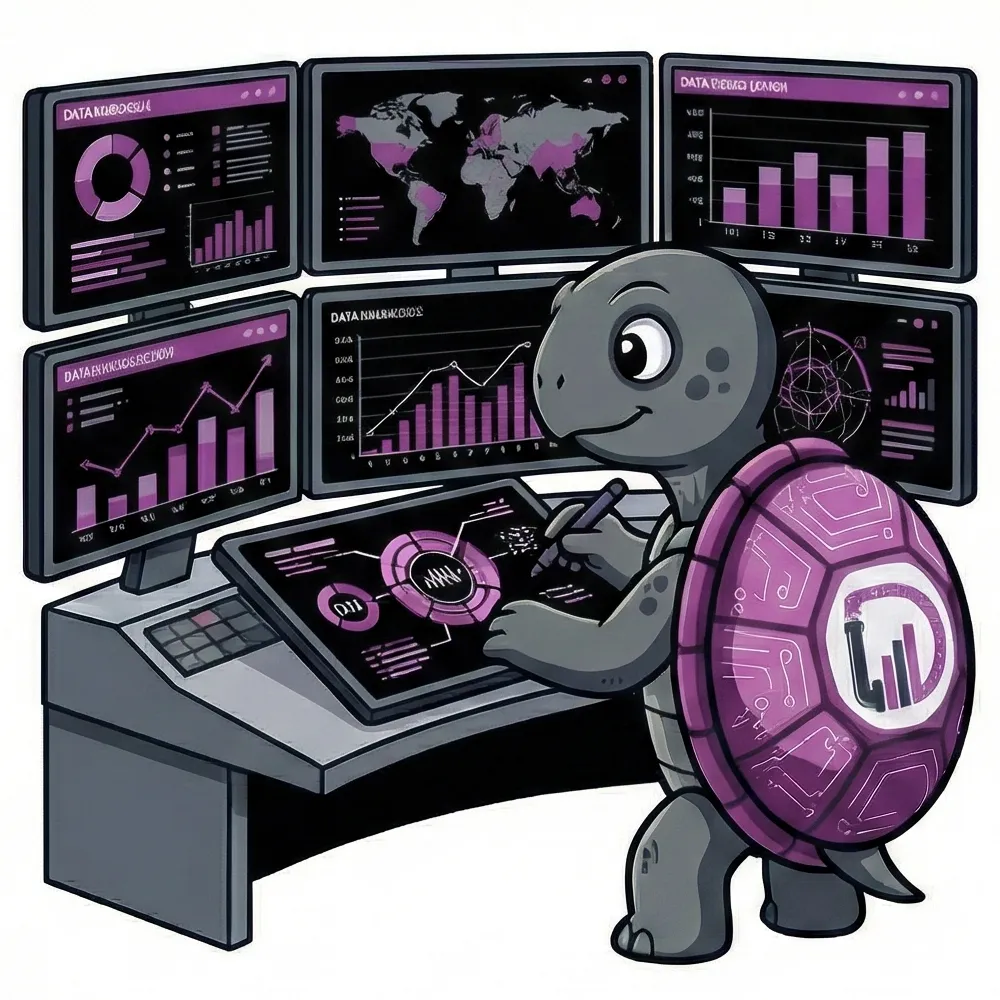 Datum the turtle reviewing dashboards across several screens