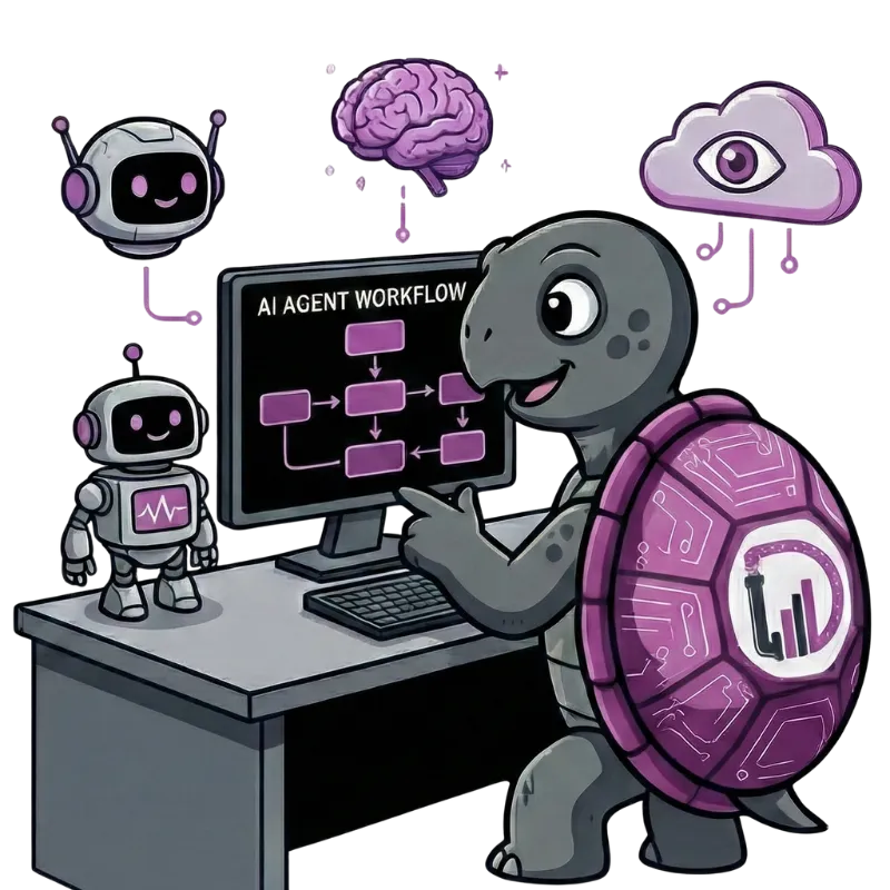 Datum the turtle designing an AI agent workflow