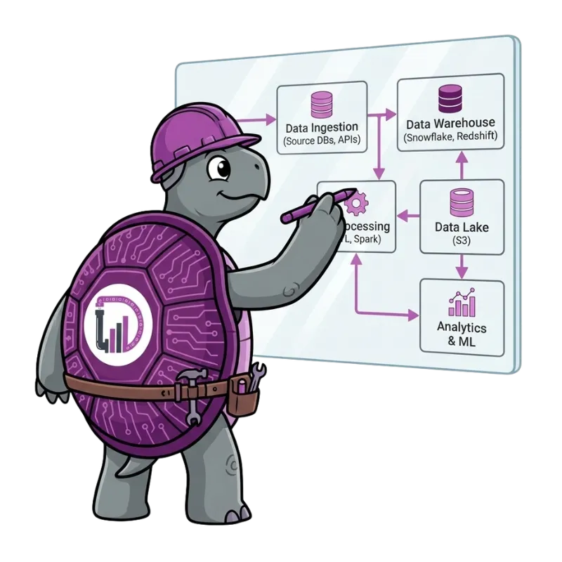 Datum the turtle sketching a data platform architecture, from ingestion to analytics