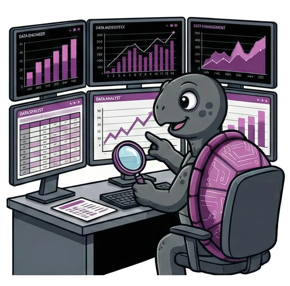 Datum the turtle at a desk of dashboards, checking a trend with a magnifying glass